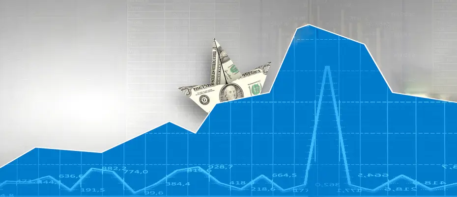 A boat made of a dollar bill rides a wavy sea that's also a graph