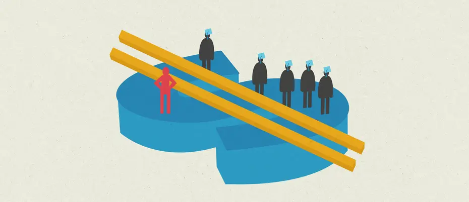 Graduates with caps stand on one side of a dollar sign and a person without a grad cap stands on the other side