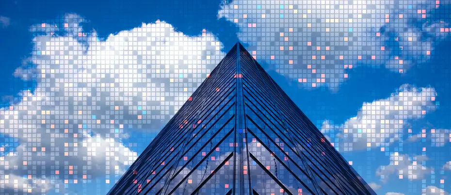 The top of a skyscraper meets a cloudy sky, all covered in pixel and digital imagery