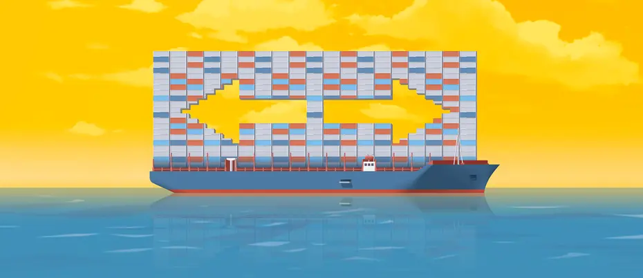 An illustration of a cargo ship with arrows pointing in opposite directions on top of the cargo