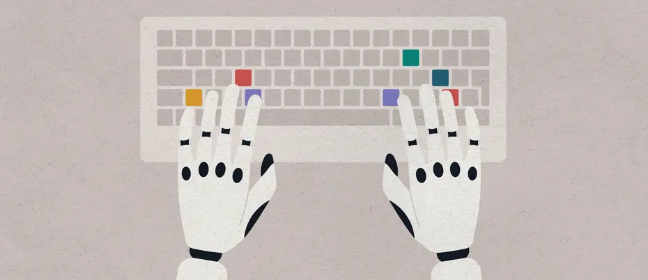 An illustration of a robot's hands typing on a keyboard.