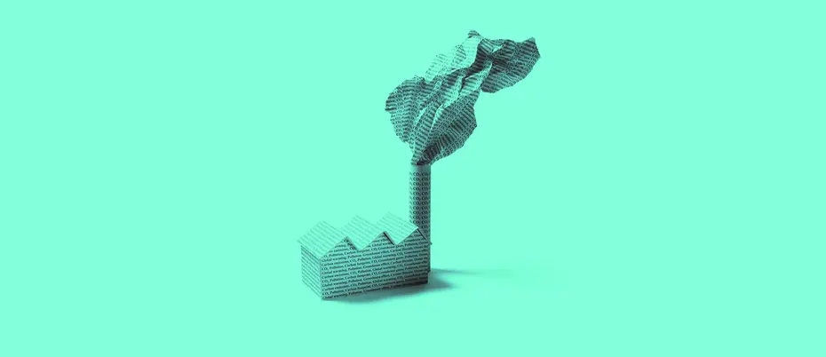 A smokestack coming out of a chimney of a building. Everything is made from paper with the words "CO2, pollution, carbon footprint, etc."