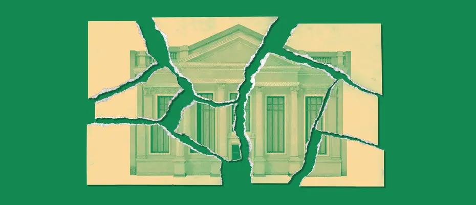 An image of a traditional bank torn up into pieces