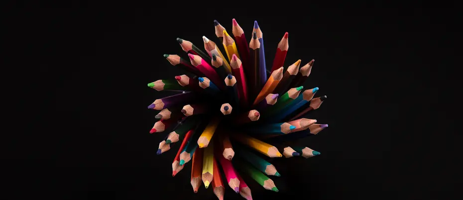 Aerial view of colored pencils in a circle