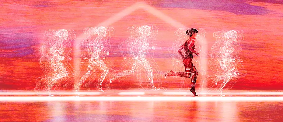 Various silhouettes of people covered in data imagery running like a team