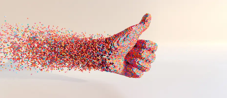 A thumbs up comprised of algorithmic data blocks
