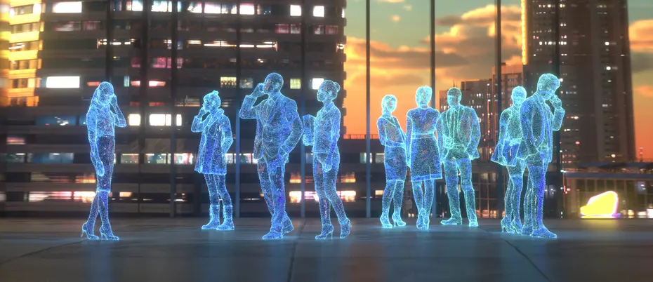 An illustration of the metaverse with a cyber skyline and people