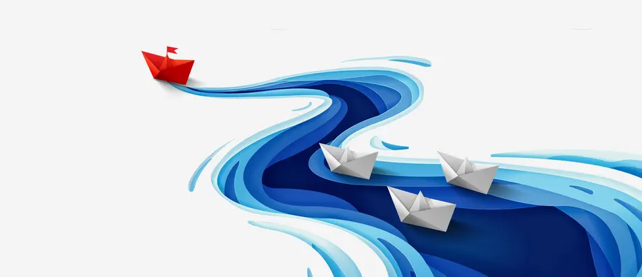 Red paper boat floating in front of white paper boats on winding blue river