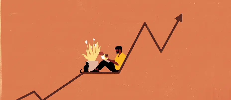 An illustration of a person working on their laptop on a bar graph going up to the right