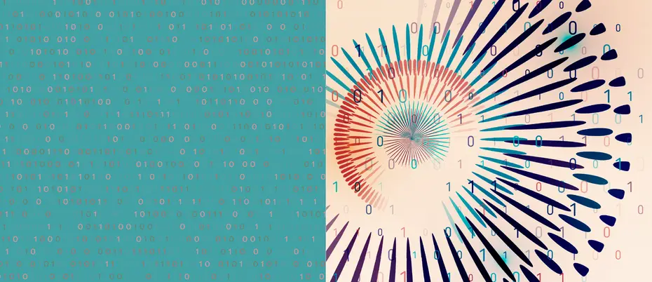 half of an image is covered in random binary code, while the other half is a beautiful, circular algorithm of data