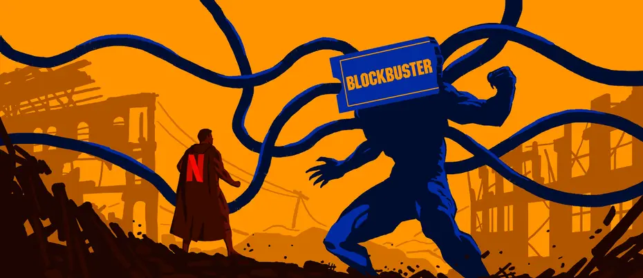 A giant with a Blockbuster ticket logo for its face fights a superhero with a netflix logo on its cape