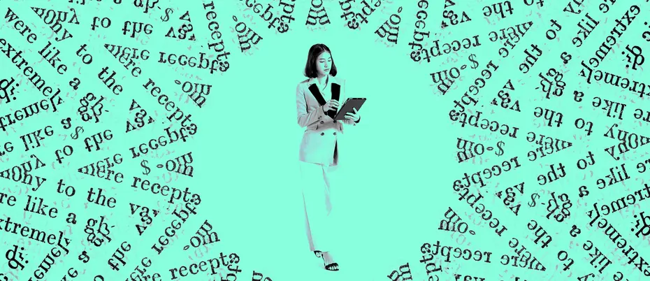 A woman reading her tablet, surrounded by a magnitude of words