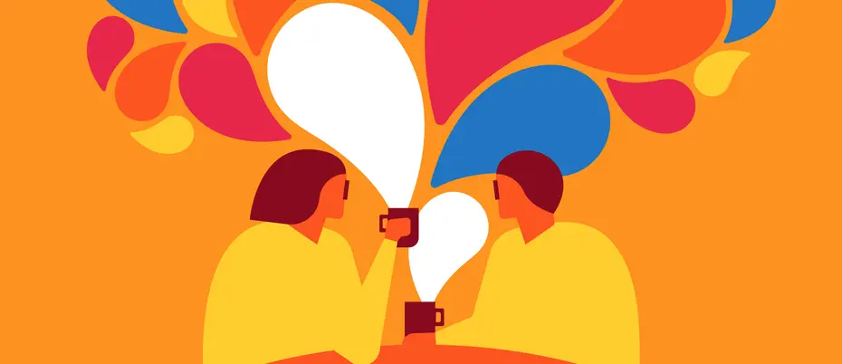 Two people having a conversation over coffee with ideas blooming