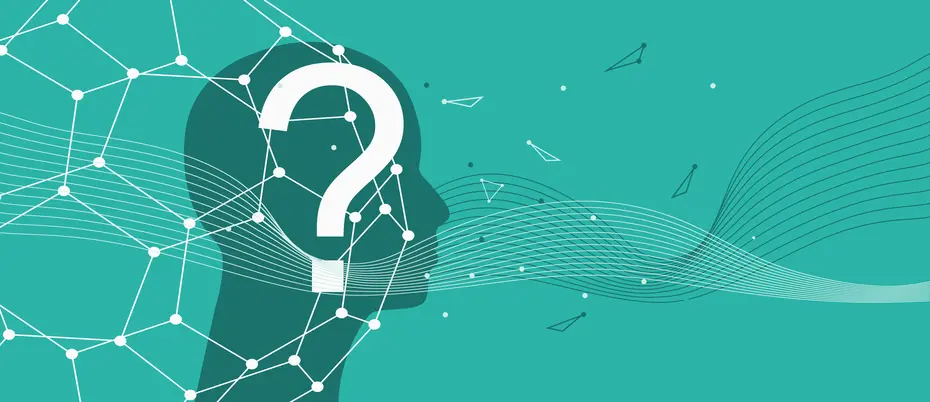 A question mark on a robot's face with network imagery