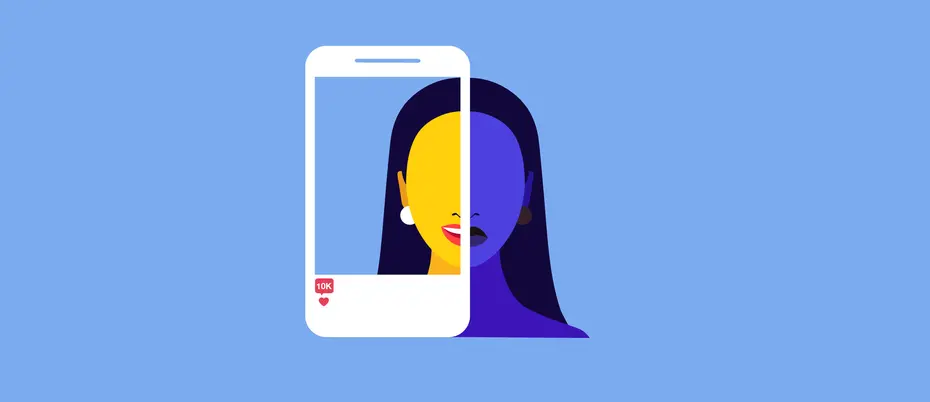 An illustration of a person's profile inside a mobile phone - happy in the social media profile inside the phone, but unhappy when not inside the phone 