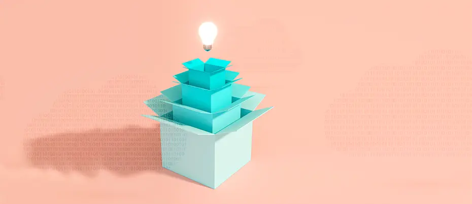 A stack of various sized cardboard boxes with a lightbulb flying out of the top