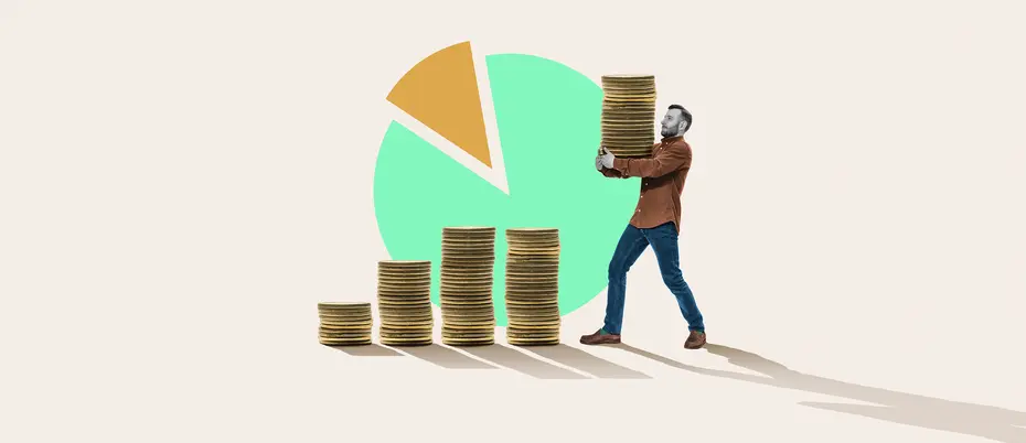 A person carries a stack of coins to add to four rows of coins. A pie chart is in the background.