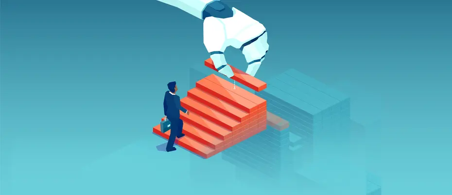 An illustration of a robot laying stairs down for a business person to walk
