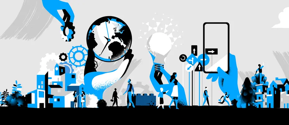An innovation ecosystem with iconic imagery such as gears, lightbulb, smart device, and globe amongst people
