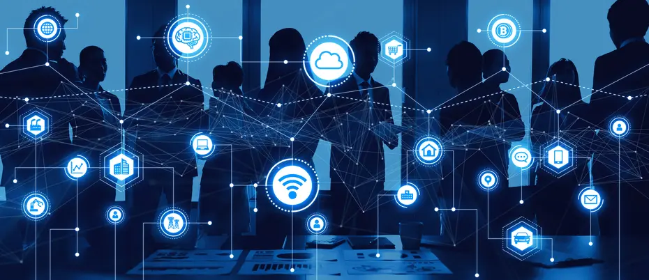 Office workers with digital icon overlay