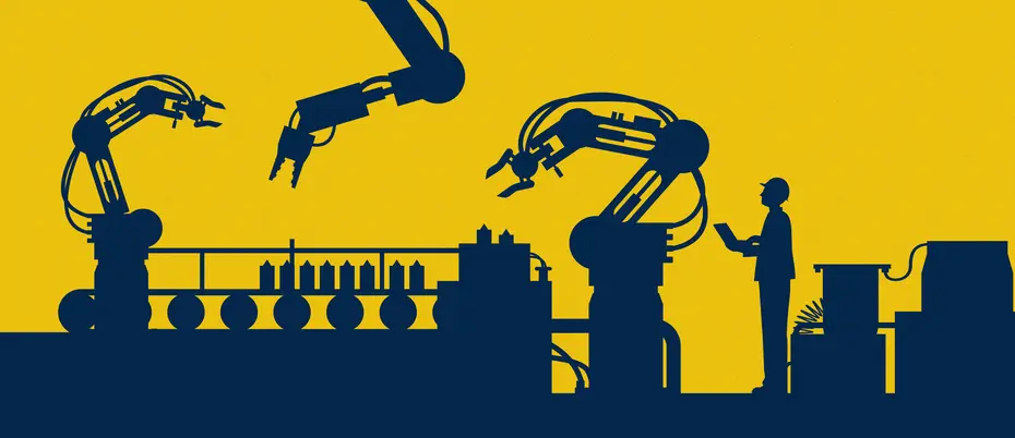 An illustration of a person operating machines and robots