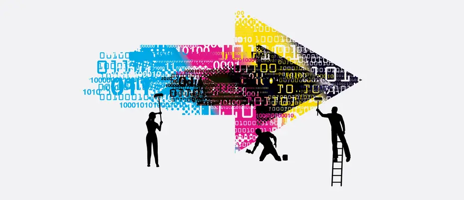 Illustration of workers painting a digital arrow