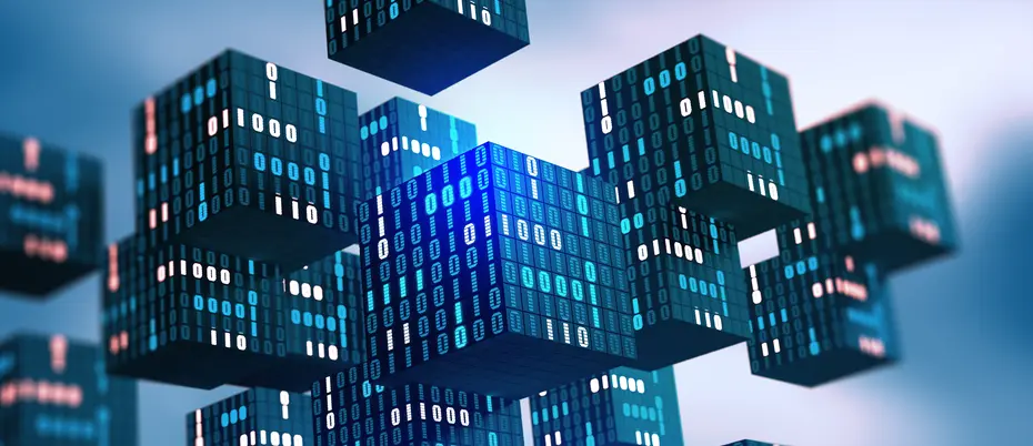 A series of blockchain blocks that resemble buildings