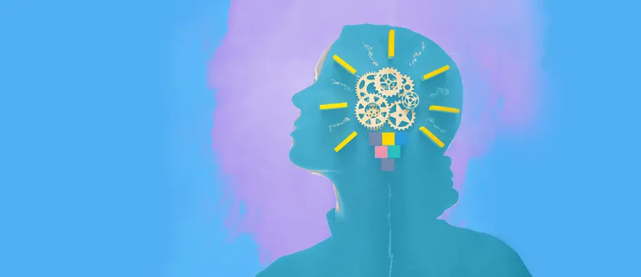 A female silhouette looks up to the left. Overlapping the silhouette are yellow gears and radiating lines.