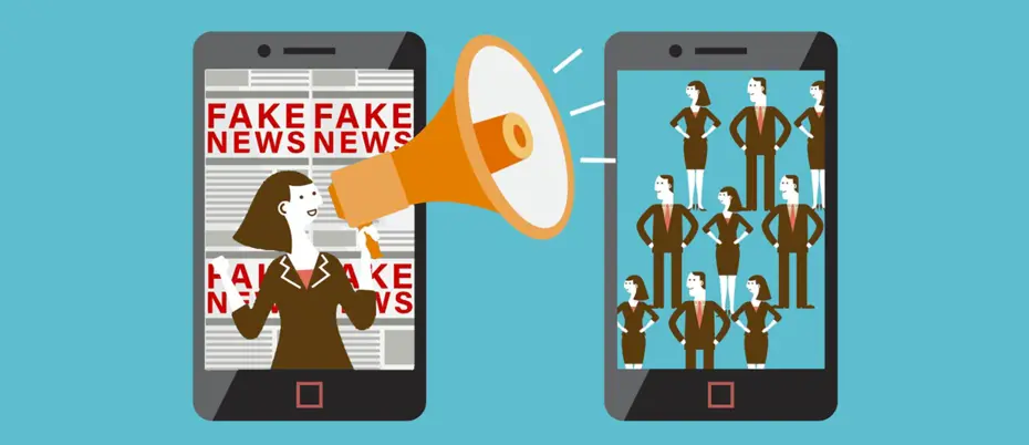 Graphic image of cellphone with bullhorn announcing "Fake News."