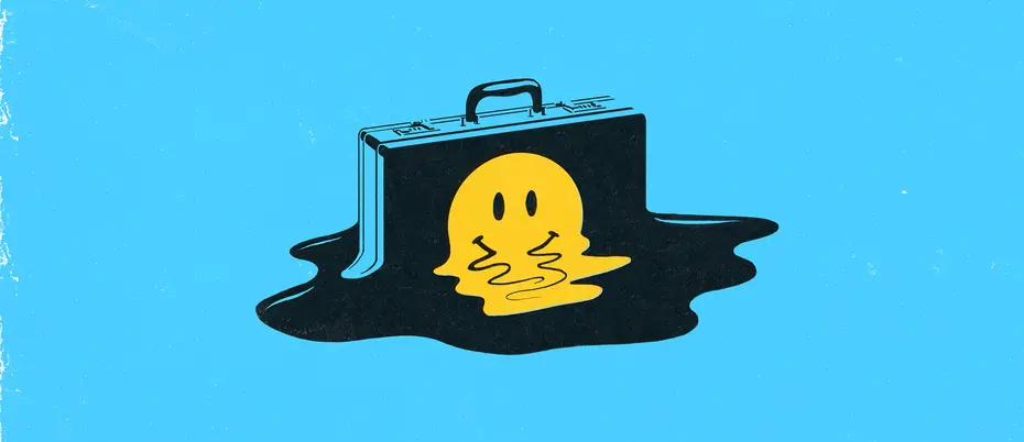 A briefcase with a happy face on it appear to be melting down