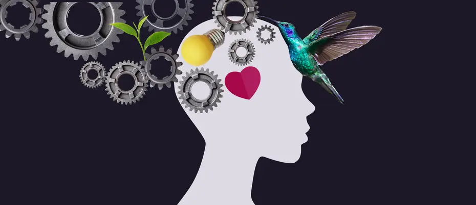A person's profile in silhouette with many gears, a lightbulb, heart, and hummingbird juxtaposed on top