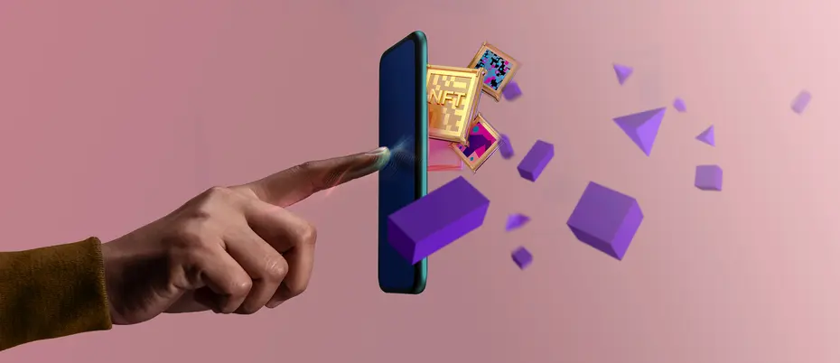 A hand touches a mobile device with blockchain and NFT graphics coming out of it