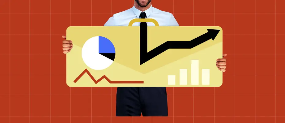An illustration of a person holding a suitcase that has data analytics graphics on it like a pie chart, bar chart, line chart, etc.