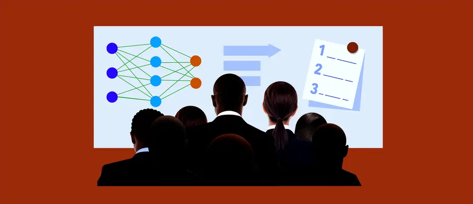 A group of business people looking at a whiteboard of data graphics and a numbered list