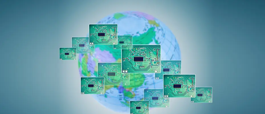 an illustration of microchips and circuit boards on top of the globe