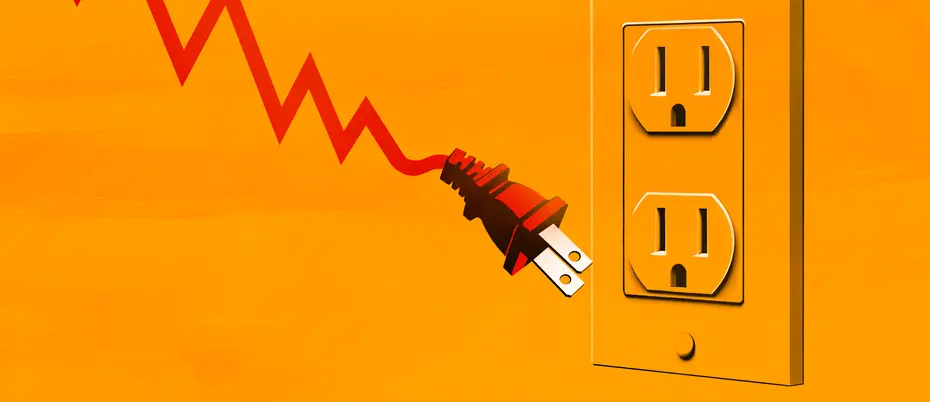 An illustration of a stock market graph that is also a plug, currently unplugged from a wall outlet