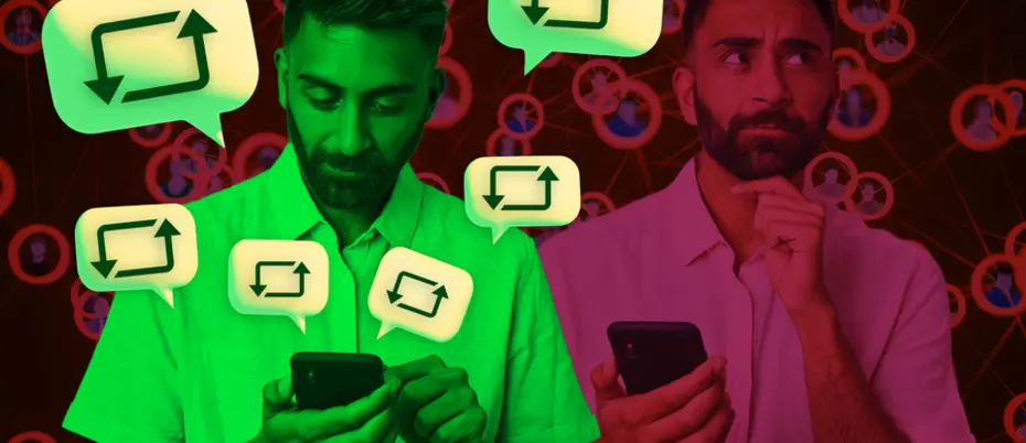 A man is shown in green, looking at his cellphone, with ‘retweet’ icons in speech balloons emanating from his phone. Behind him, the same man is shown in red, but in contemplation. The background pattern depicts a social network.