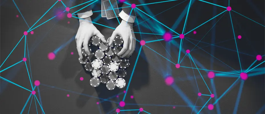 Digital network imagery over a poker hand going all-in