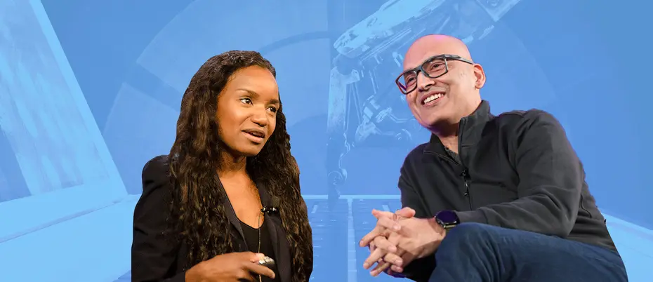 Renee Gosline and Sanjeev Vohra with an artificial intelligence abstract background