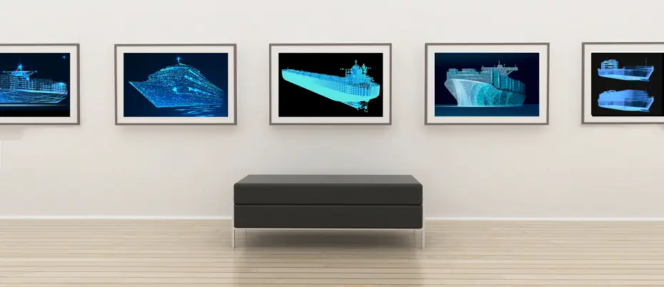 A museum hall with digital images of ships in the frames