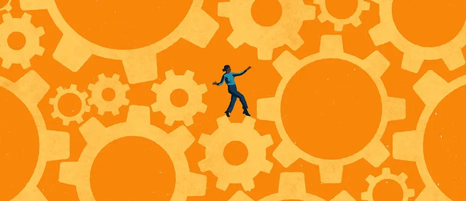 illustration of a person carefully balancing on moving gears