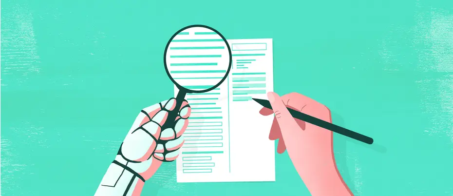 An illustration of a person writing a resume while a robot looks at it with a magnifying glass