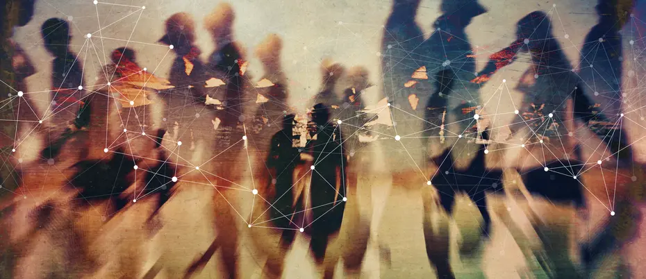 A data network graphic transposed against an abstract crowd 