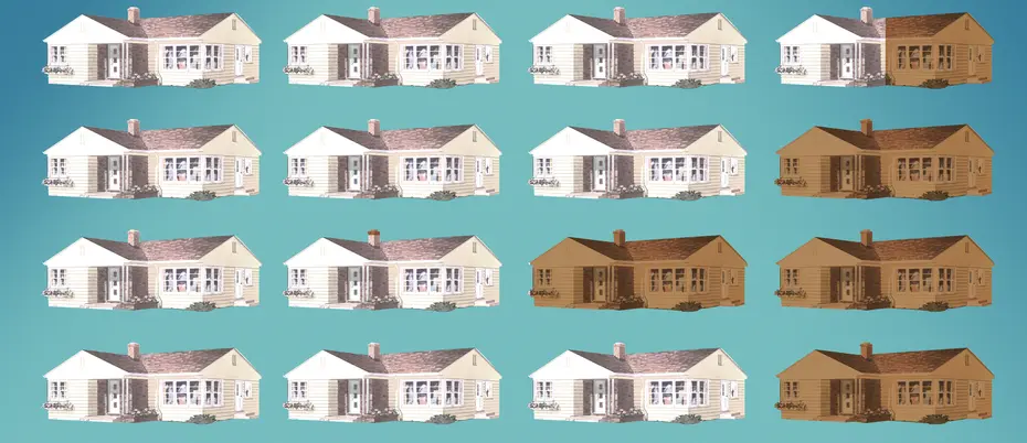 A pattern of illustrated houses - most in white and some in brown