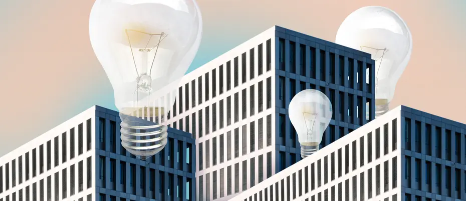 An illustration of lightbulbs flying above skyscrapers