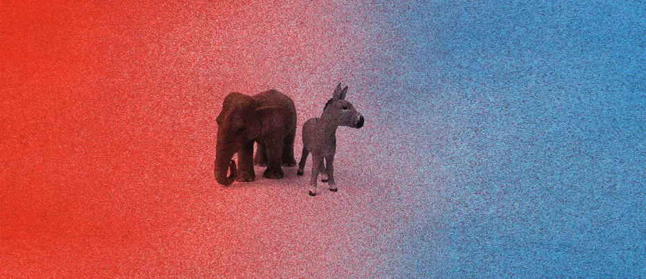 An elephant and donkey in a red and blue background