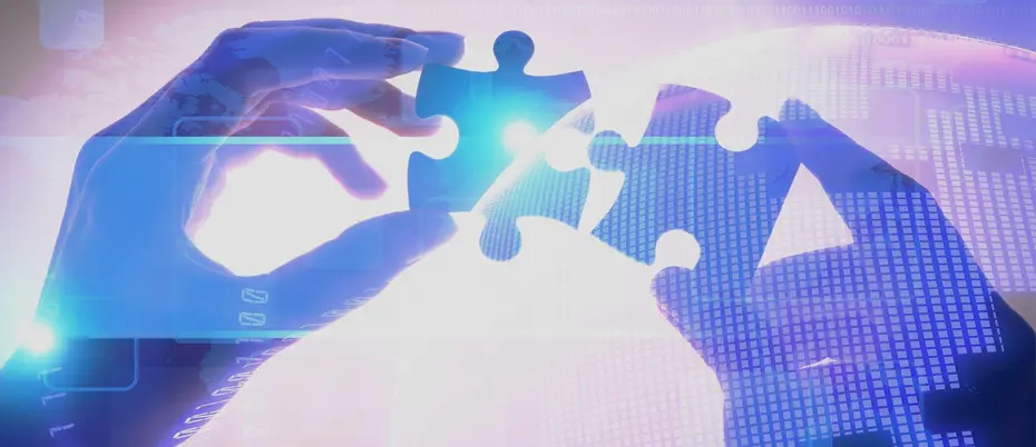 Two puzzle pieces with digital imagery