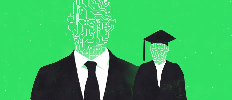 A business person with a face made of circuit board towers over a smaller academic person with a face made of circuit board