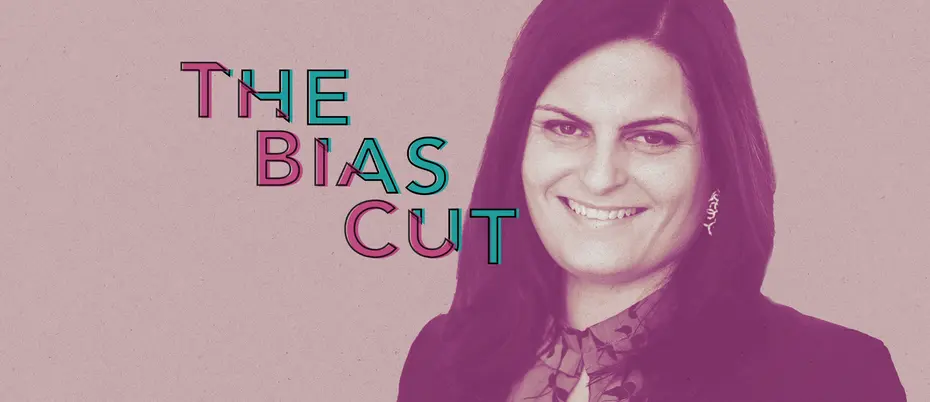 Leadership coach Amy Kimball smiles. The words The Bias Cut overlay the image and descend diagonally down from left to right.
