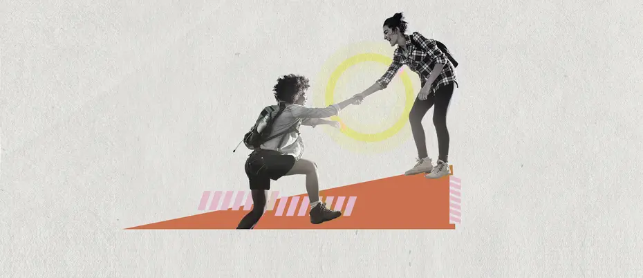 Two women help each other bypass a barrier